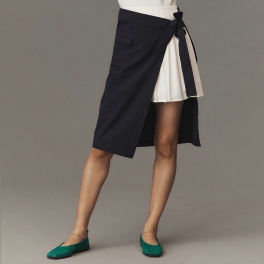 Anthropologie MARE MARE XS Preppy Nautical Navy White Wrap Pleated Twofer Skirt